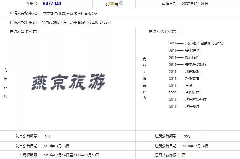 “燕京旅游”商標(biāo)