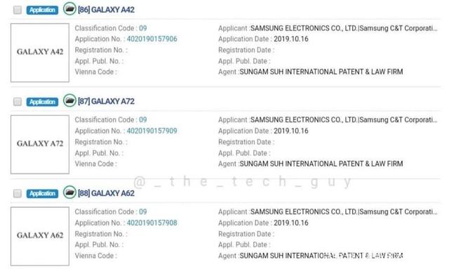 三星申請(qǐng)注冊(cè)GALAXY A52、GALAXY A72等商標(biāo)