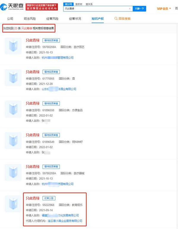 “只此青綠”商標遭到多方搶注