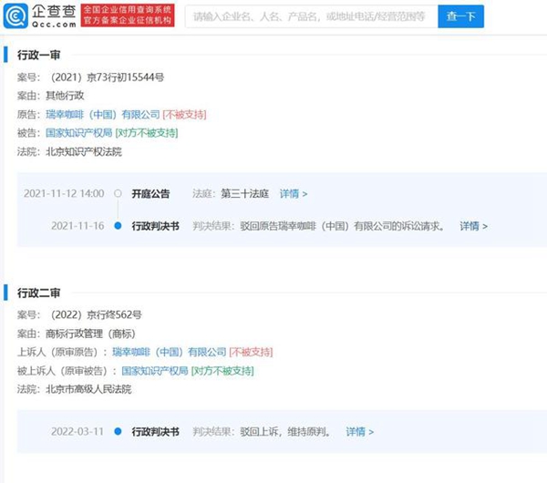 瑞幸商標(biāo)上訴被駁回