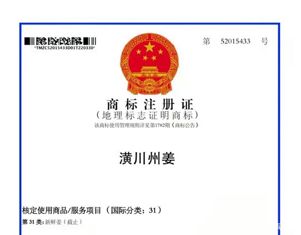 “潢川州姜”獲批為中國地理標志證明商標