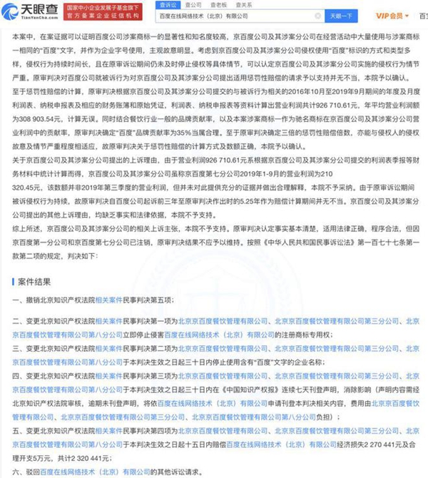 “百度烤肉”商標侵權案終審判決公開
