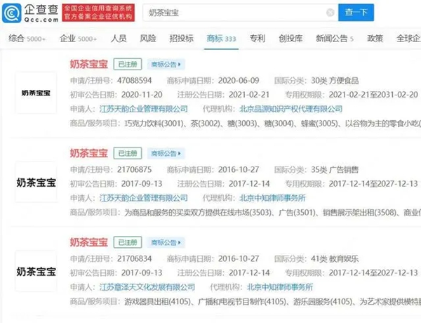 章澤天公司成功注冊(cè)奶茶寶寶商標(biāo)
