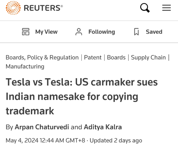 特斯拉起訴Tesla Power商標(biāo)侵權(quán)